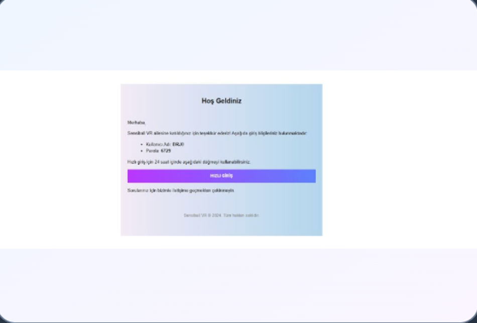 SensiBallVR — e-posta ile giriş bilgileri
