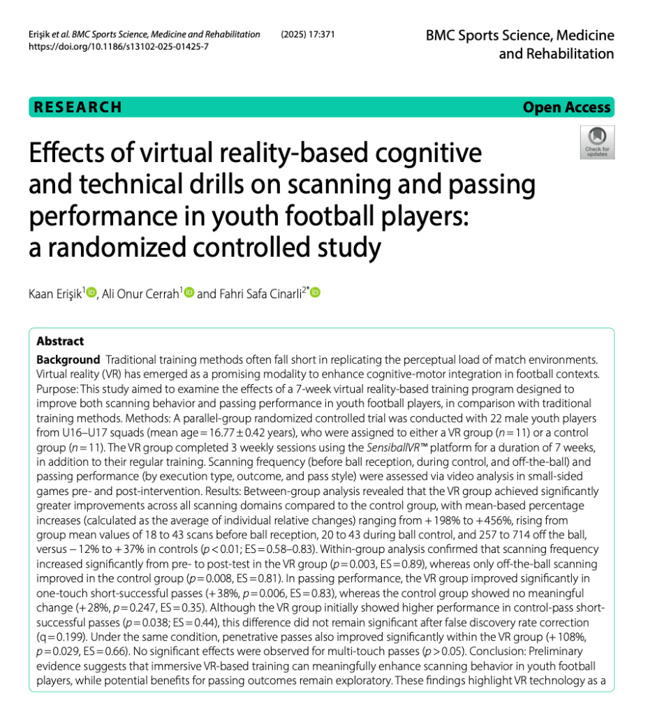 BMC Sports Science research paper — Effects of VR-based cognitive drills on scanning and passing performance