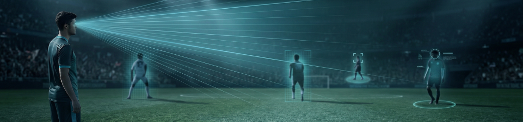 Scanning → Analysis → Planning flow — player visual field diagram on football pitch