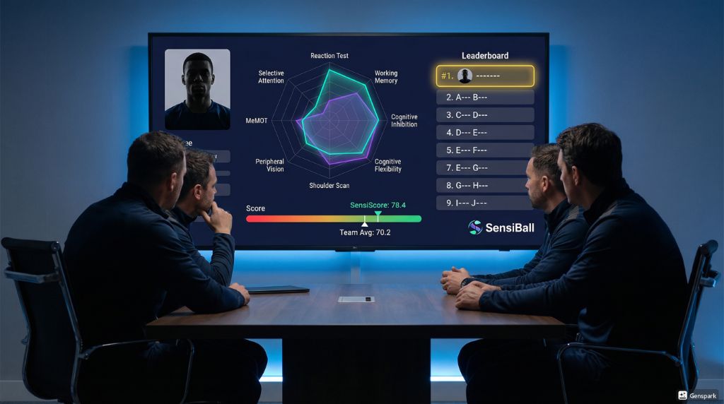 SensiBallVR talent identification — cognitive assessment dashboard showing SensiScore, leaderboard and radar chart